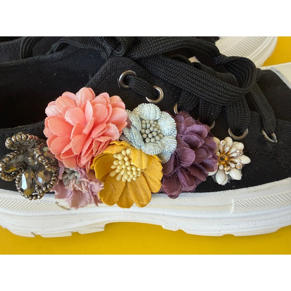 Pokemaoke Italy Black Canvas Platform Sneakers 3d Flowers Crystals Eu 37 View 4